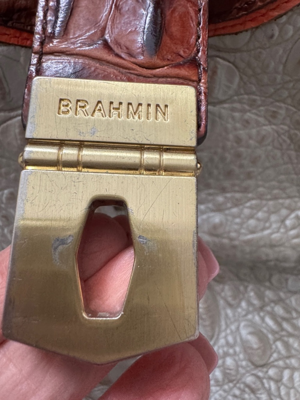 Brahmin Elisa Silver Croc-Embossed Leather Shoulder Bag / Hobo with Brown Trim - Picture 2 of 15